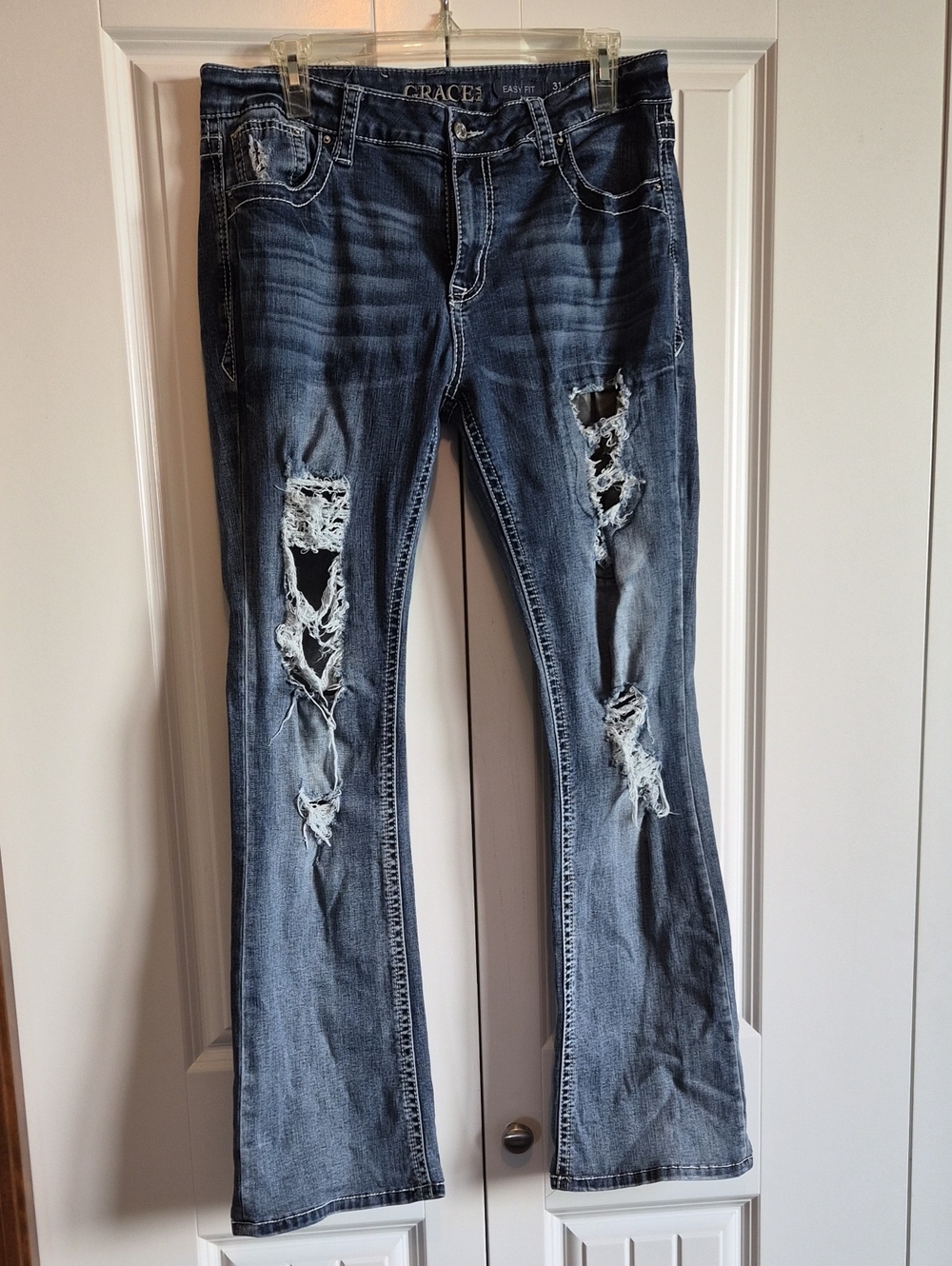 Grace in LA Distressed Dark Blue Flare Jeans with Rips